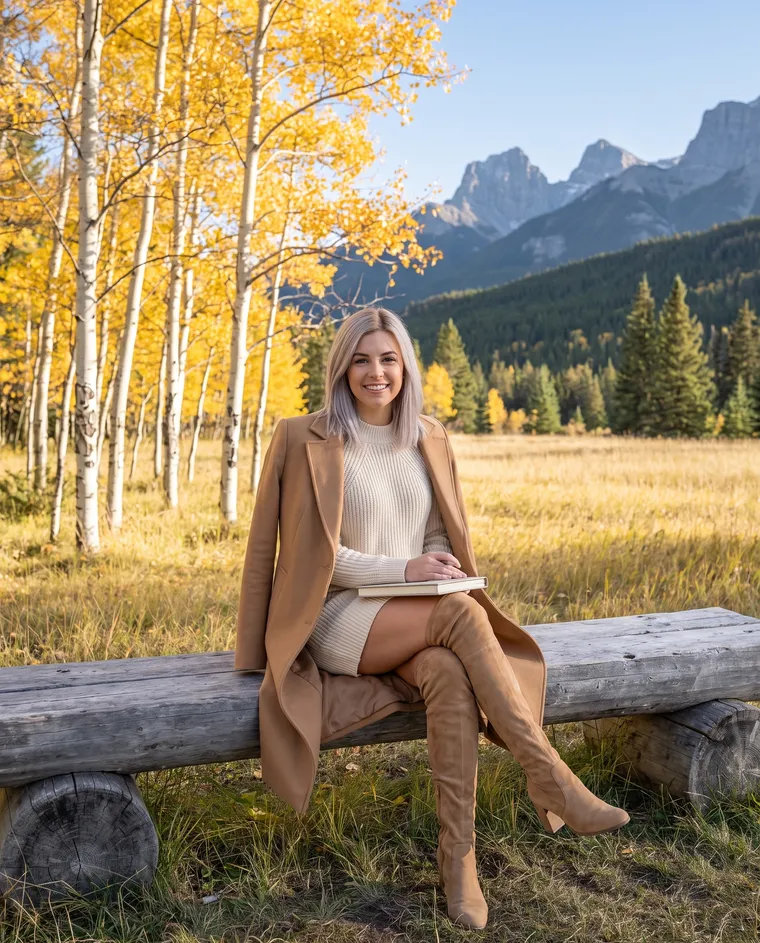 A woman on a log bench among autumn aspens