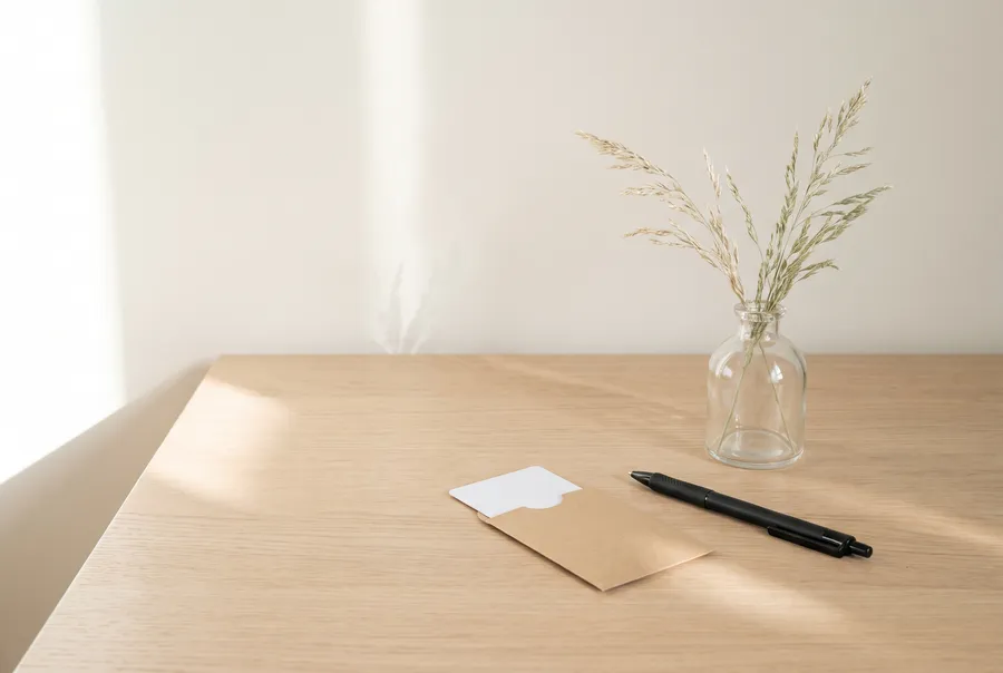 Room key card and pen on a wooden table