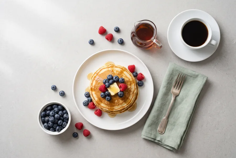 Pancakes with berries, maple syrup and coffee