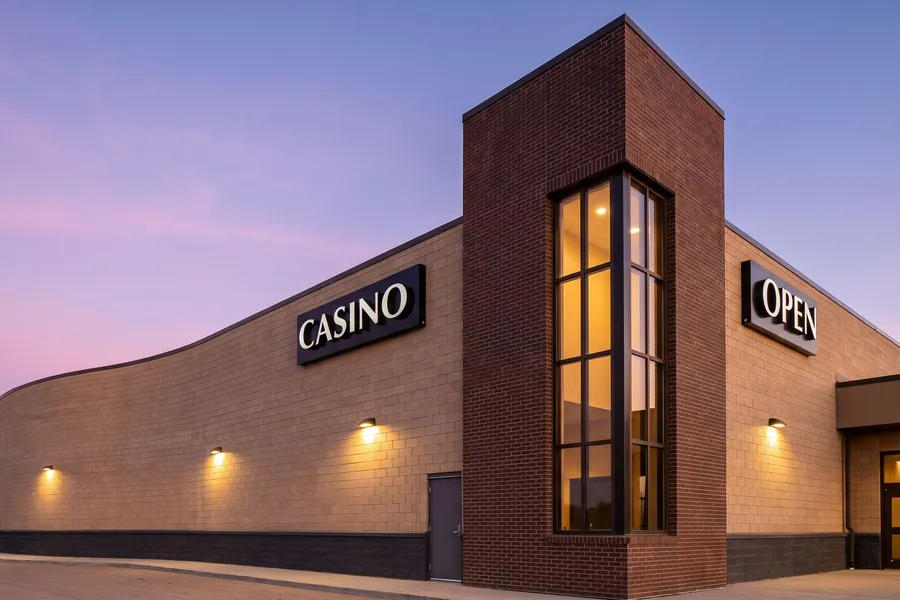 Casino wing of Stoney Nakoda Resort at dusk