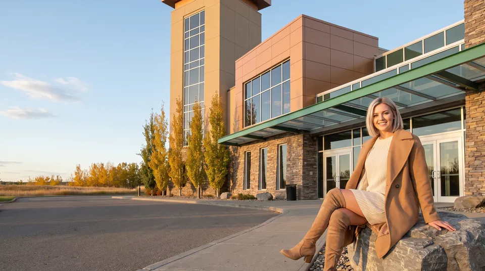 A woman outside the Stoney Nakoda Resort entrance