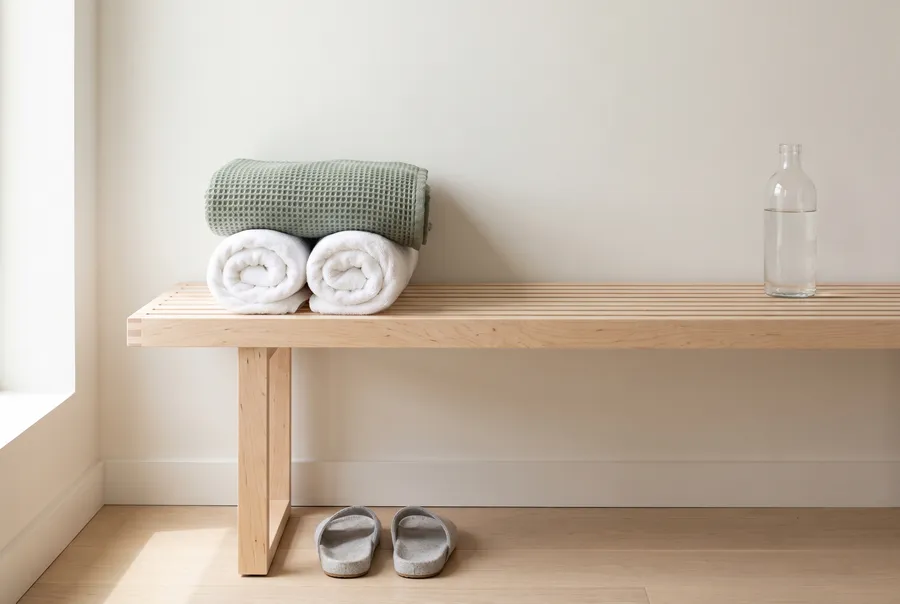 Rolled towels and sandals on a wooden bench
